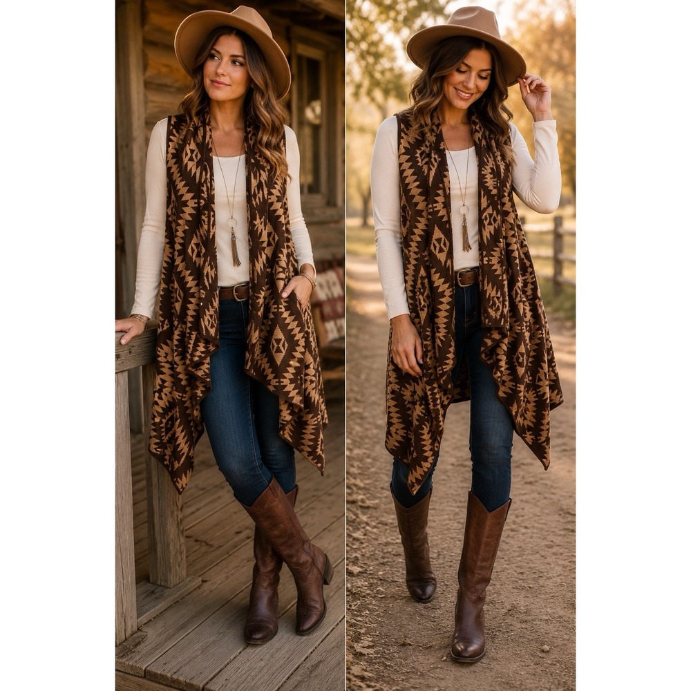 Women M Southwestern Aztec Longline Duster Sweater Vest Boho Western Open Front